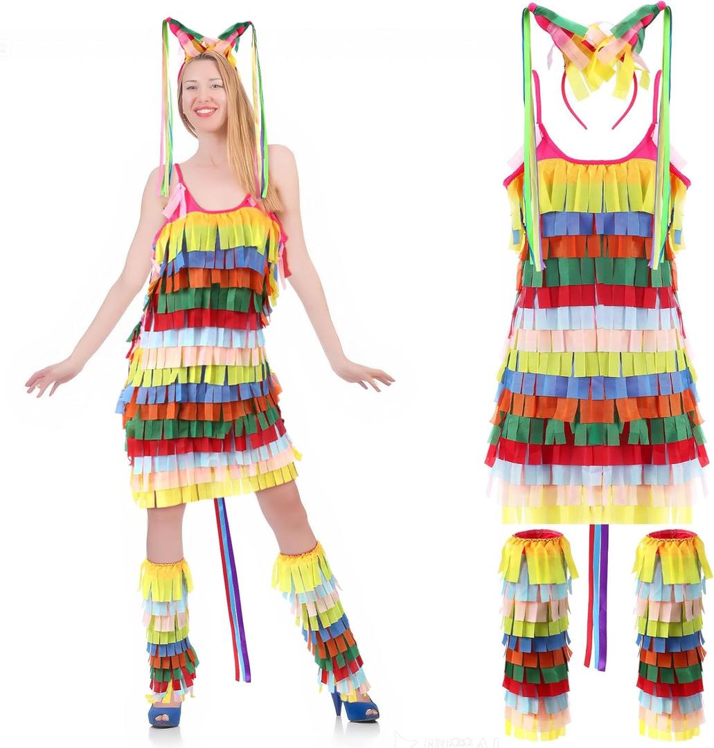 3 Pcs Pinata Halloween Costume for Women Multicolored Strap Dress Headband Leg Sleeve for Halloween Cosplay (Large)