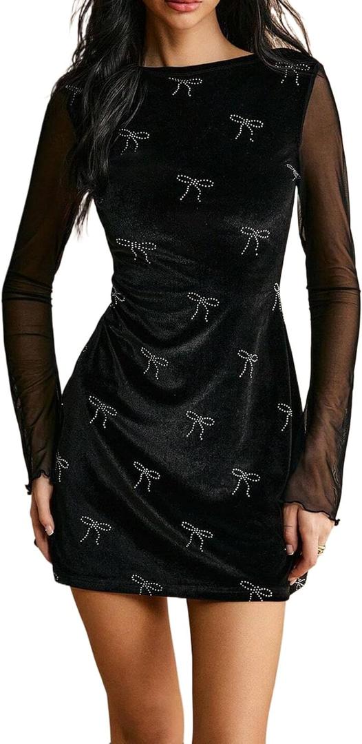 Women's Velvet Crewneck Mesh Long Sleeve Bodycon Mini Party Dress (Black, L)