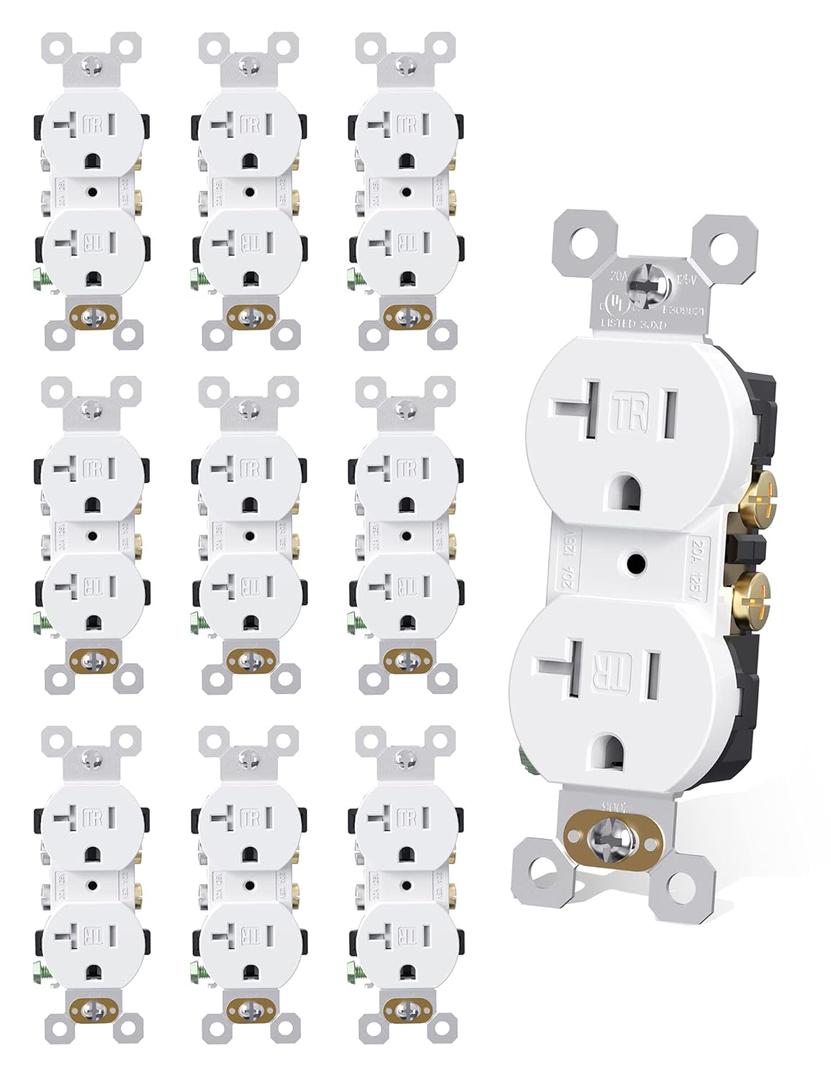AIDA 20 Amp Outlet Duplex Electrical Receptacle Outlets,Power Outlet,Tamper Resistant,Heavy-Duty Receptacle Wall Outlet,Residential,2Pole,3-Wire, Self-Grounding Clip, NEMA 5-20R,UL Listed 10 Pack (White)