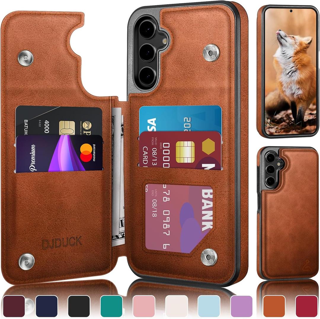 DJDUCK Designed for Samsung Galaxy S24 FE Case Wallet with Card Holder, [Magnetic Clasp Cover] [RFID Blocking Leather Protection] Shockproof Women Men Cases for Samsung S24 FE Light Brown