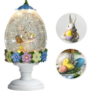 Easter Bunny Snow Globe for Easter Decorations, Easter Bunny Cradling a Chick Design with Lighting Functions USB or Battery Operated