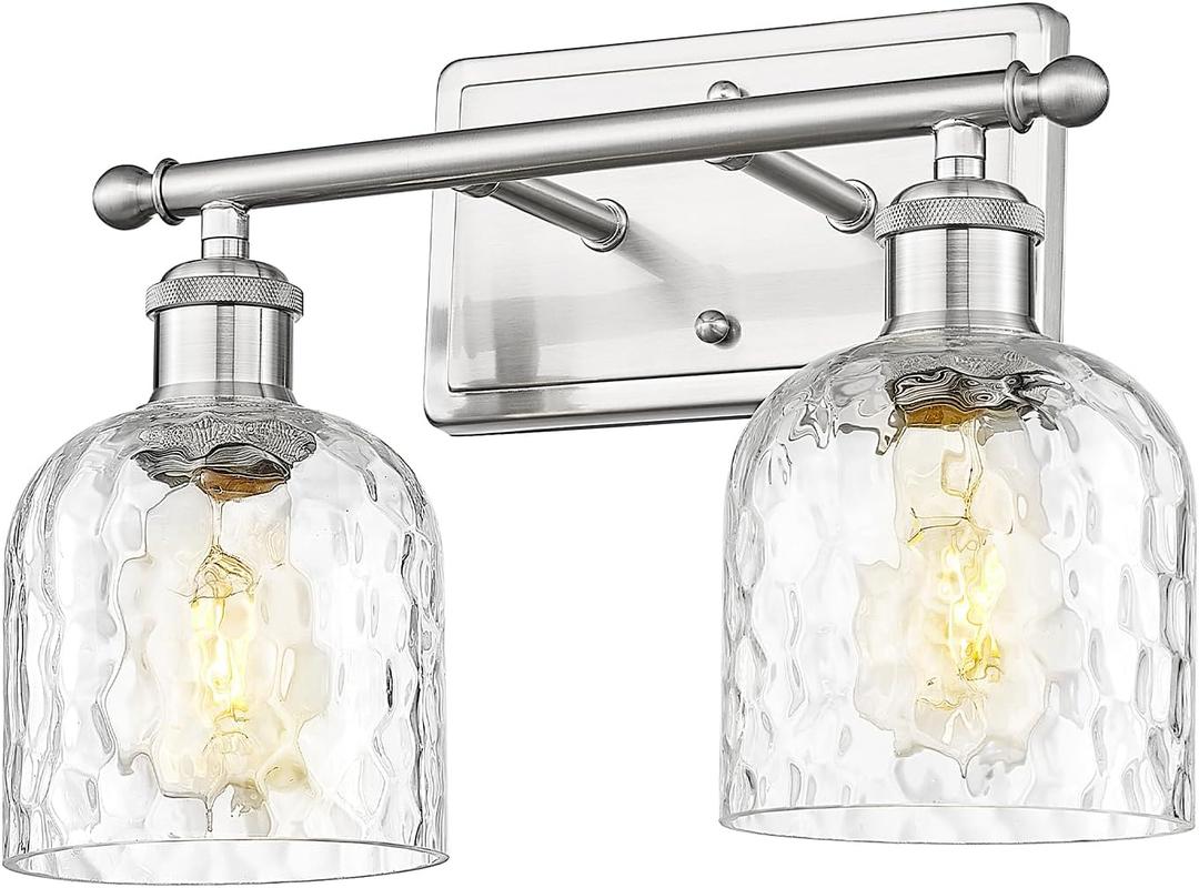 Zeyu 14 Inch Modern Vanity Lighting Fixtures, 2 Light Bathroom Vanity Light for Mirror Bedroom, Brushed Nickel Finish with Clear Hammered Glass, ZJF63B-2W BN