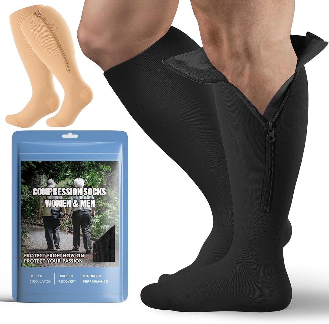 2 Pair Plus Size Closed Toe Compression Socks with Zipper, Compression Stockings for Overweight Women Men 15-20 mmHg (4X-Large, A Black Nude)
