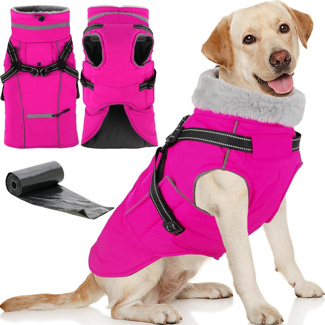 Doglay 2 in 1 Dog Coat with Harness Built-in, Waterproof Dog Winter Jacket with Pocket & Poop Bags, Reflective Adjustable Pet Winter Coat for , Large Dogs - Pink, 2XL