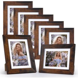 PETAFLOP 4x6 Picture Frame 7 Pack, Rustic Brown Wooden Frames Display 4 by 6 Inch Photo with Mat or 5x7 without Mat for Wall or Tabletop Decor