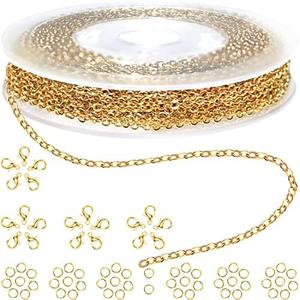Jishi 33ft Stainless Steel Gold Plated Chain for Jewelry Making Supplies - 2mm 18K Gold Plated Non Tarnish - 33ft Roll with Lobster Clasps, Jump Rings - Gold