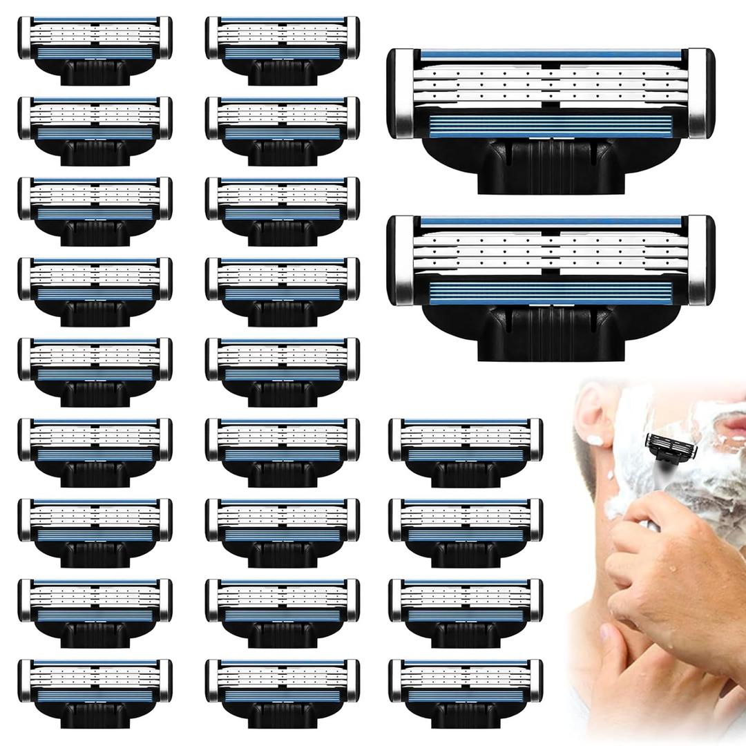 24Pcs Razor Blades for Men Compatible with Mach 3,3-Layer Precision Manual Razor Dual-Layer Lubricating Strip Elastic Sensor Blades Replacement Blades for Razors Blades Refills