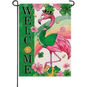 Artofy Welcome St. Patrick's Day Flamingo Bird Small Decorative Garden Flag, Rainbow Lucky Shamrock Clover Yard Lawn Outside Decor, Spring Irish Gold Coin Outdoor Home Decoration Double Sided 12 x 18