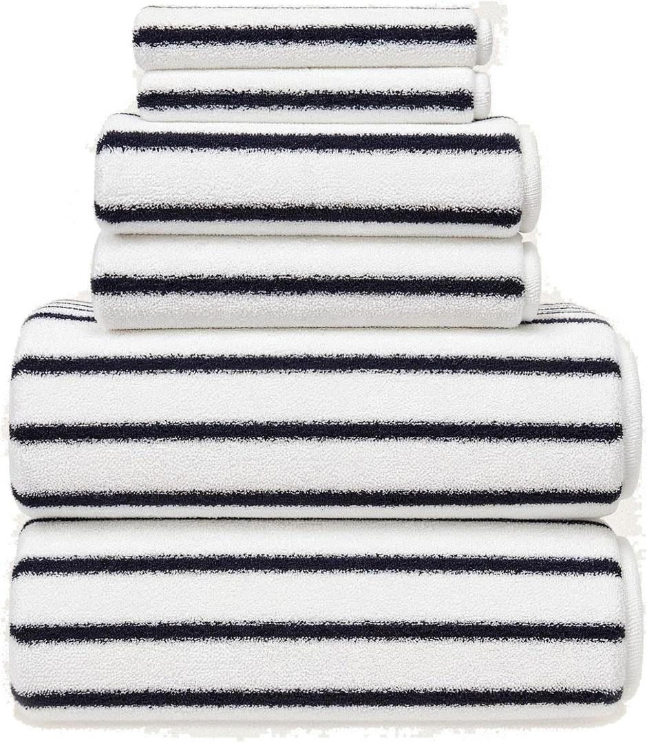 Italic Ultraplush 100% Australian Cotton Standard 6-Piece Set, 2 Bath, 2 Hand, 2 Washcloths, 800GSM Highly Absorbent & Quick-Dry, Resort Grade, Striped (White & Blue)