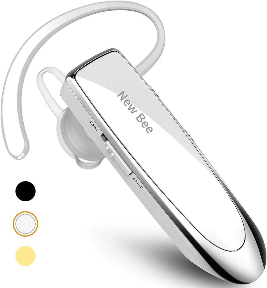 New Bee Bluetooth Earpiece V5.0 Wireless Handsfree Headset with Microphone 24 Hrs Driving Headset 60 Days Standby Time for iPhone Android Samsung Laptop Trucker Driver (White)