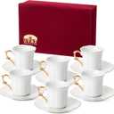 BTaT- Turkish Coffee Cup Set, 3 oz, 6 Pairs (12 pcs), Elegant White Cups & Saucers with Gold Trim & Gift Box, Small Porcelain Espresso Set for Serving Greek, Arabic & Turkish Coffee, Mothers Day Gift