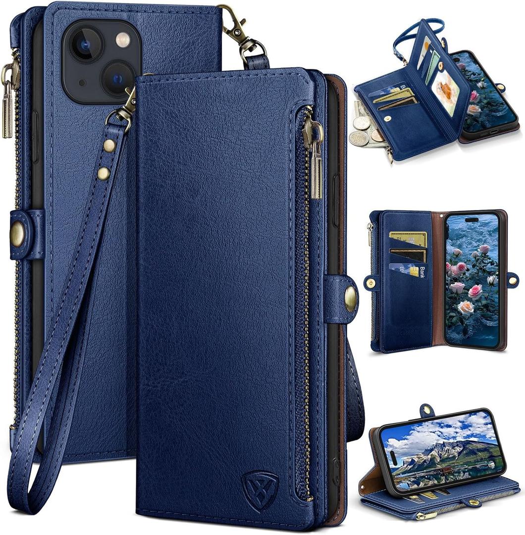 XcaseBar Compatible with iPhone 15 6.1" Wallet case with Zipper Credit Card HolderRFID Blocking,Flip Folio Book PU Leather Phone case Shockproof Cover Men Women for Apple 15 case Blue