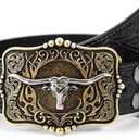 Cowboy Cowgirl Belt Western Belts for Men Women Floral Engraved Longhorn Bull Buckle Belt for Jeans (Black)