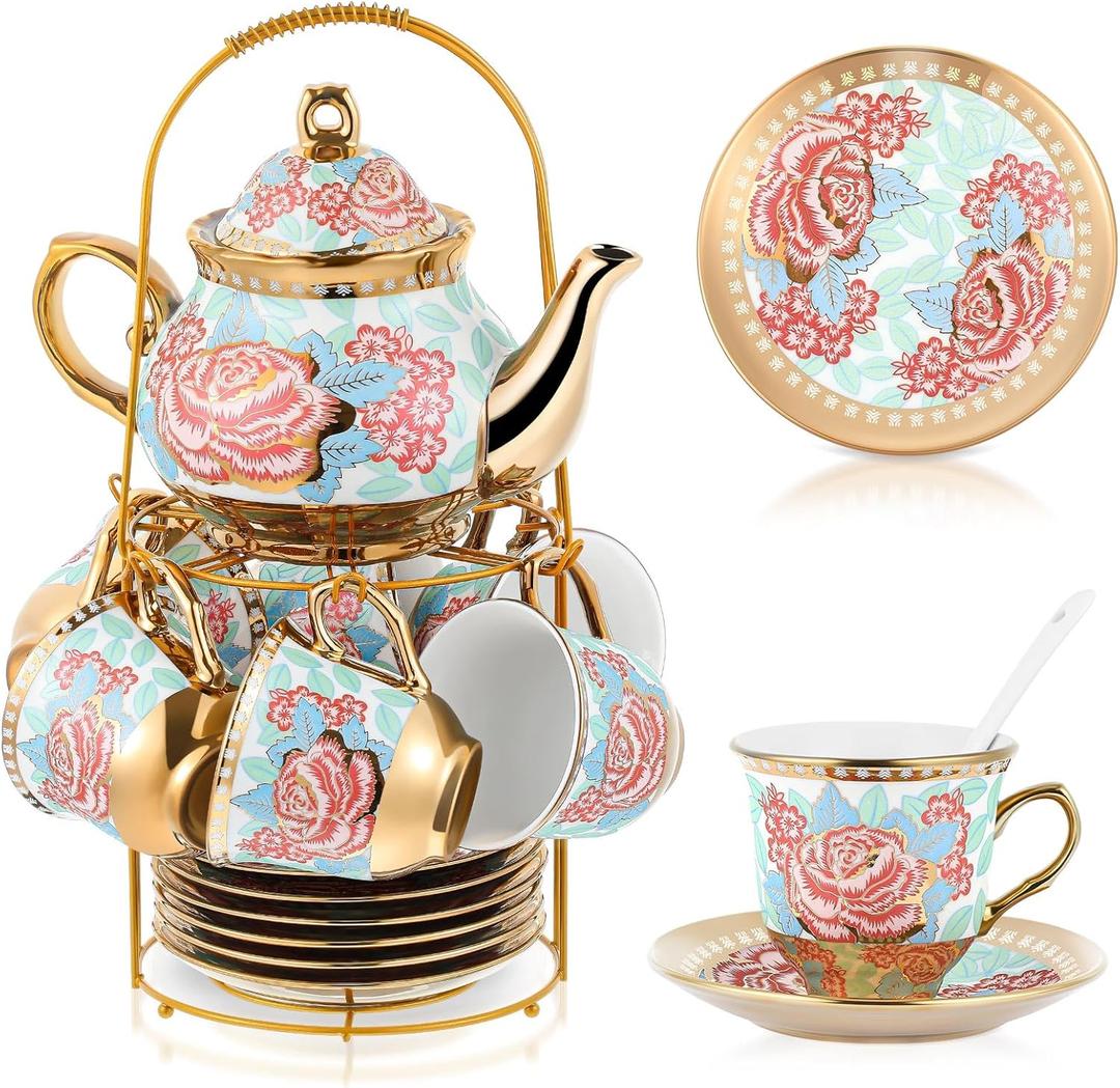 Zhehao Porcelain Tea Set with Metal Holder and Spoon Adult Ceramic Tea Set European Flower Painting Teapot Cup Saucer Spoon for Women Mom Gift, Large Version(Vintage Style,20 Pcs)