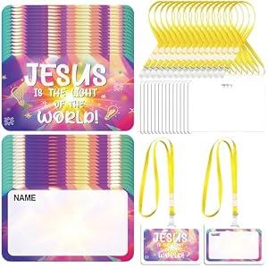 Kosiz 50 Pack Vbs Name Tag Kit with Lanyard 2026 Kids Vbs Craft Supplies Sunday School Christian Gifts Bulk Church Bible Verse Name Tag Crafts for Church Summer Camp(Illumination)