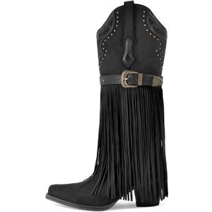 Richealnana Women's Fringe Pointed Toe Block Heel Pull On Metal Buckle Western Cowboy Boots (Black,10)