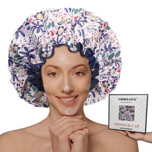 Luxury Reusable Extra Large Shower Cap for Women Double Layered Shower Caps for Long Hair with Adjustable Elastic Strap, Leakproof Nonslip Large Satin Lined Shower Bath Cap for All Hair Lengths