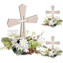 Novabright 3 Pcs Wooden Cross Table Centerpieces with 3 Pcs Floral Wreaths Standing Religious Decorations for First Communion, Baptism, Christening, Confirmation, Wedding Decor (White Wreath)