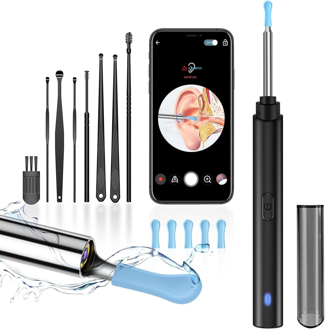 Ear Wax Removal, Ear Cleaner with Camera, Ears Wax Removal Kit with 1296P HD Ear Otoscope with 6 LED Lights, Earwax Removal Tool for iPhone, iPad & Android Smart Phones (Black, Standard)