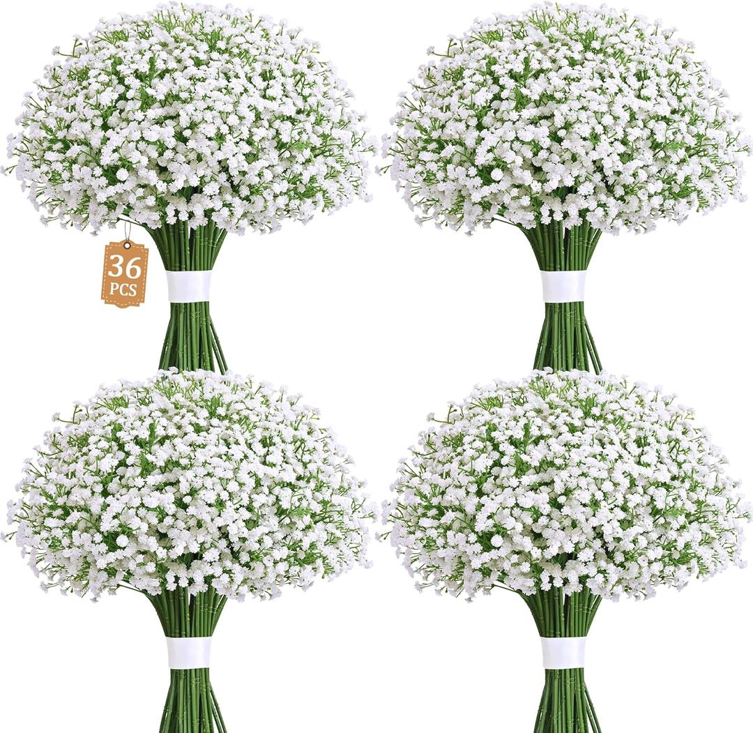 MARTINE MALL 36 Pcs Babys Breath Artificial Flowers, White Baby Breath Flowers Artificial Bulk Real Touch Fake Babys Breath Flowers Faux Gypsophila for Wedding Party Home Floral Arrangement Decor