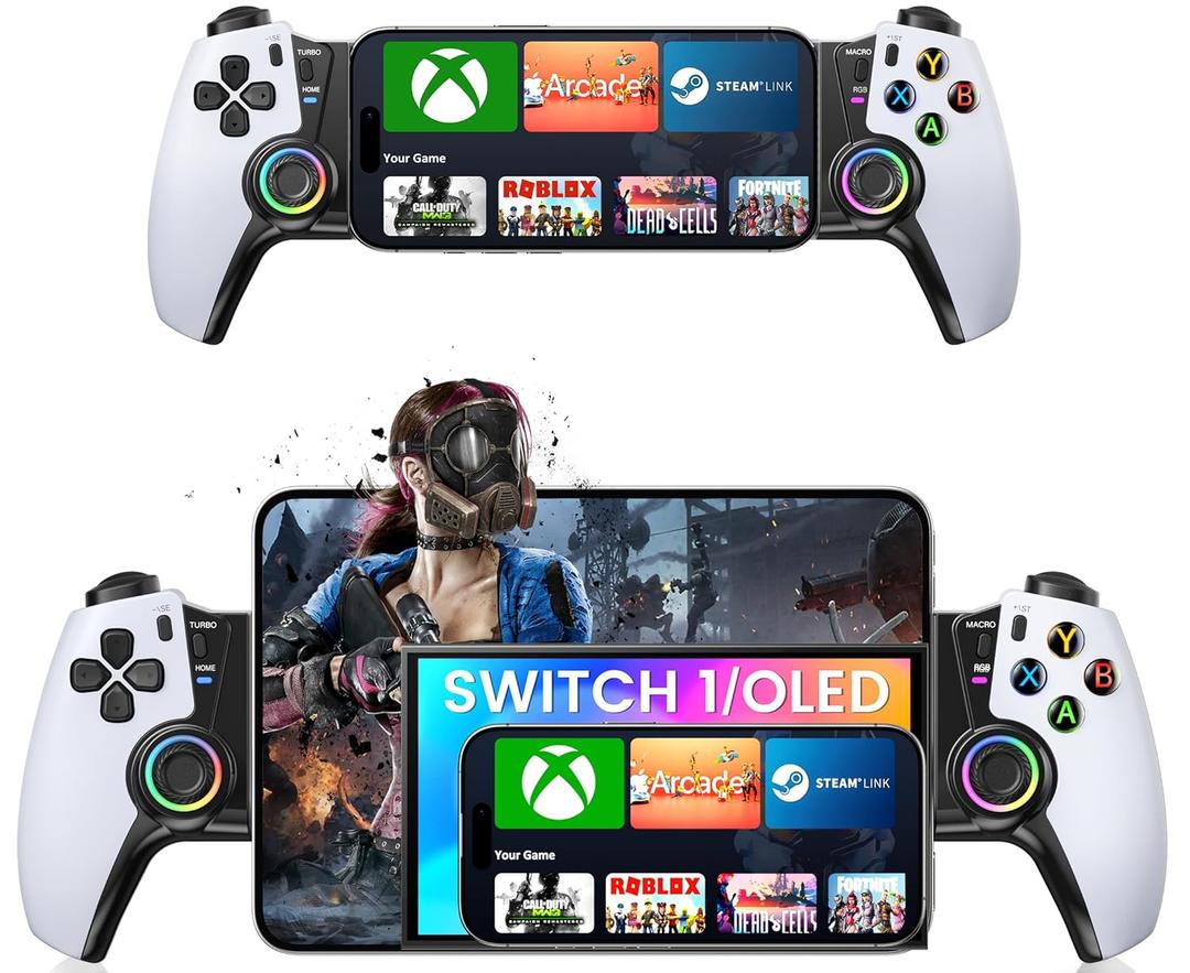 Wireless Phone Controller for iPhone/Android/Switch 1/2/OLED/iPad Mini With Hall Joystick, LED Mobile Gaming Controller for iOS Support Xbox, Steam Link, GeForce Now, Arcade,Call of Duty, Roblox (White-Xbox Layout)