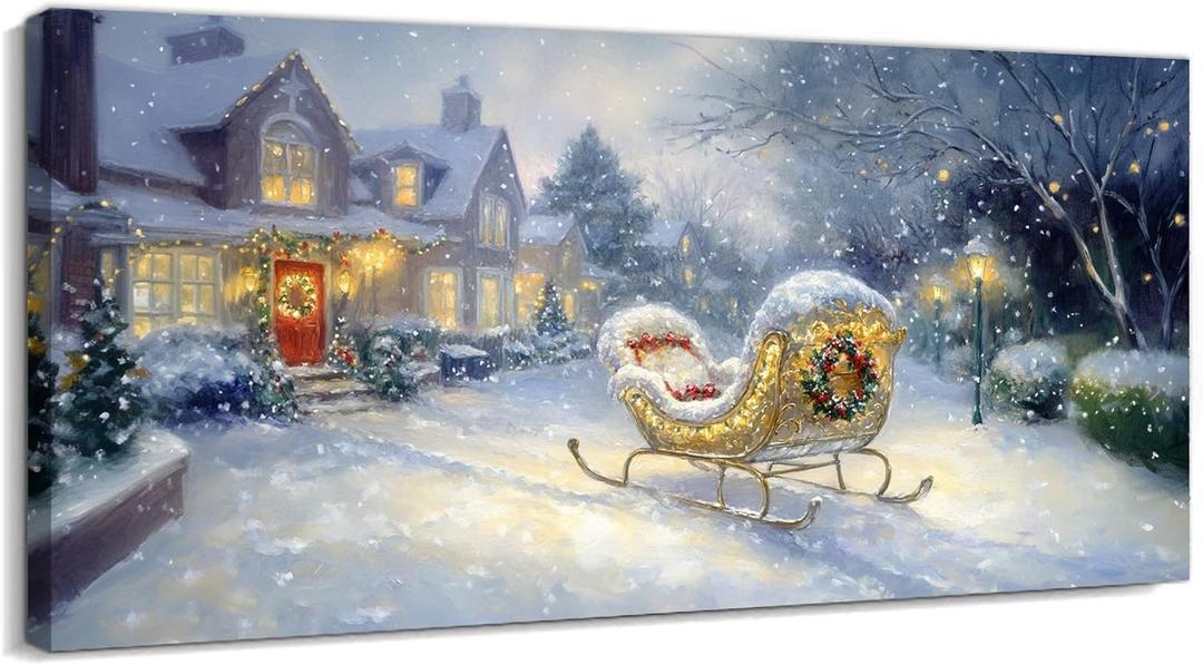 TIMUBA Christmas Sleigh Scene Wall Art - Winter Landscape Holiday Pictures Wall Decor, Vintage Christmas Art Prints for Living Room, Framed Canvas Artwork Painting, 12×24 inches