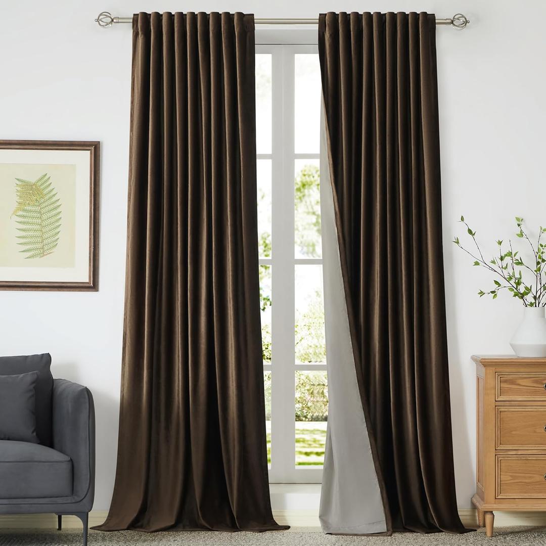 PRIMROSE 100% Full Blackout Brown Velvet Curtains 90 inch Long for Living Room,Set of 2 Liner Rod Pocket Back Tab Thermal Window Curtains Room Darkening Heavy Decorative Curtains Drapes for Bedroom