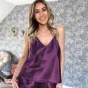 Ekouaer Satin Pajama Set for Women Silk Pjs for Women Set Camisole Top and Shorts with Ruffle Sleepwear (Purple, XXL)