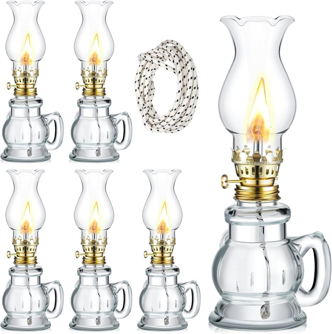 Yexiya 6 Set Vintage Glass Kerosene Lamp Rustic Oil Lamp Lantern Chamber Oil Clear Kerosene Hurricane with 6.6 ft Extra Wick for Indoor Use Lighting Decor Emergency (Trendy Style)