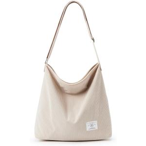 KALIDI Corduroy Tote Bag for Women Casual Zipper Tote Handbag Large Crossbody Hobo Shoulder Bag Work Fashion Women Purse (Cream White)