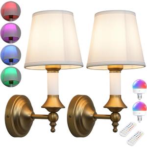 Phansthy Battery Operated Wall Sconce Set of 2, Rechargeable Wall Lights with Dimmable Bulbs and Remote, 12 RGB Colors Wireless Antique Gold Wall Lamps (White Shade, Battery Operated (2 Pack))
