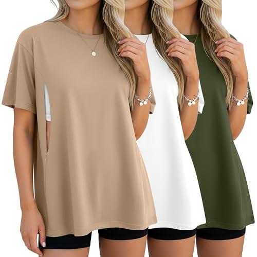Sweetyweee 3 Pack Women's Oversize Nursing Breastfeeding Shirts Hidden Zipper Short Sleeve Loose Fit Maternity Tops(Khaki, White, Army Green,Small)