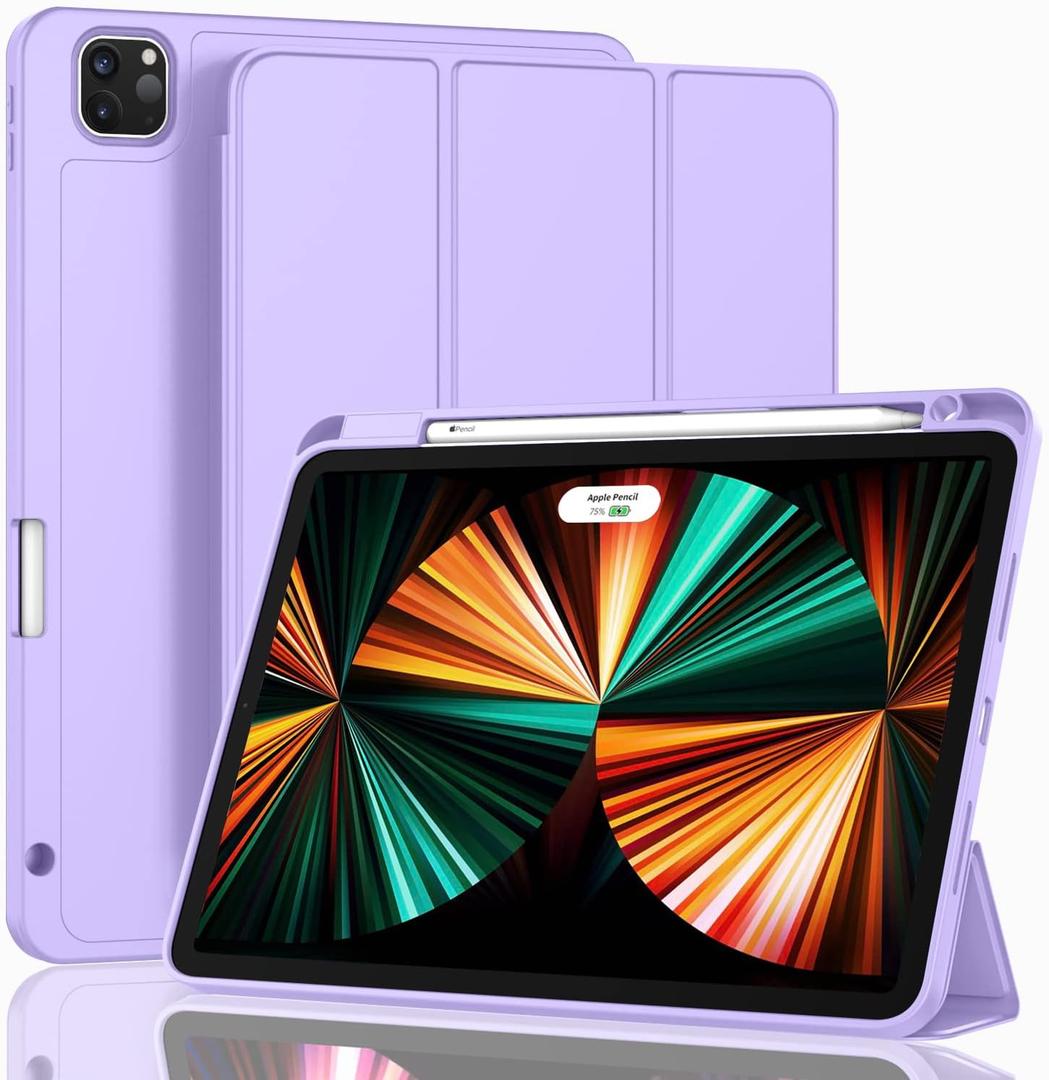 ZryXal New iPad Pro 12.9 Inch Case 2022/2021/2020(6th/5th/4th Gen) with Pencil Holder,Smart iPad Case [Support Touch ID and Auto Wake/Sleep] with Auto 2nd Gen Pencil Charging (Clove Purple)