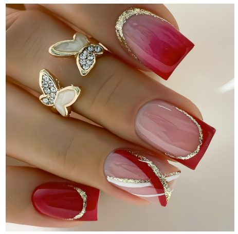 Square Press on Nails Short Red Fake Nails French Tip False Nails Glossy Glitter Line Acrylic Nails Ombre Artificial Nails Glue on Nails for Women Girls Manicure Decoration 24Pcs