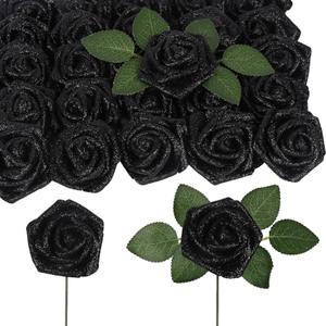 Black Glitter Roses,50PCS Fake Roses 2.76" Foam Flowers Artificial Roses Artificial Flowers for Wedding Christmas DIY Wreath Home Table Floral Arrangement(Black)