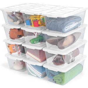 Plastic Storage Bins with Lids, 12 Packs Set, Storage Boxes with Lids and Stackable Shoe Boxes For Organization, Clear Plastic Storage Containers For Closet Home Office, White