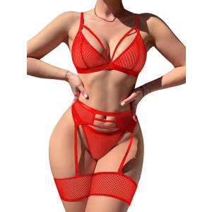 popiv Women's Sexy Lingerie Set with Garter Belt Matching Bra and Panty Lingeries Sets 4 Piece (Red, XL)