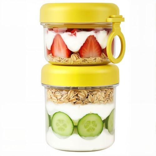 LKTKJDS On the Go Yogurt Parfait Snack Cup 26 oz with Spoon & Lid, 100% Leak Proof Granola Holder for To Go Breakfast Cereal Fruit Overnight Oats Container Reusable, Travel Hiking Camping  Pack Of 2