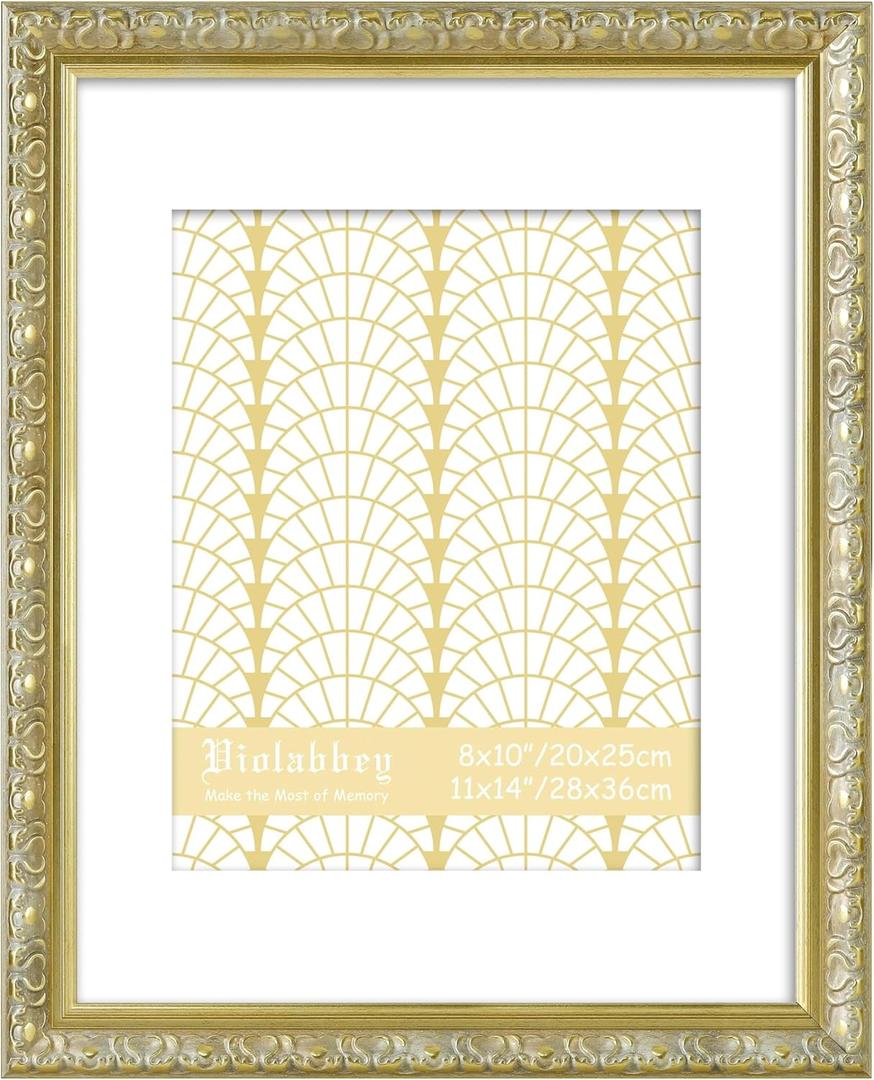 VIOLABBEY 11x14 Picture Frame Gold, Display 8x10 Picture with Mat or 11x14 without Mat, Ornate Vintage 11 x 14 Gold Frame for Wall Decor or Tabletop Display