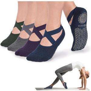 Ozaiic Pilates Socks for Women Non Slip Grip, Yoga Socks with Grippers for Barre, Hospital, Ballet, Dance, Barefoot Workout (4 Pairs - Navy/D.gray/ D.green/D.purple), One Size