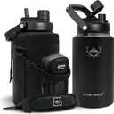 NATURE PIONEOR One Gallon Water Bottle Insulated - Large Double Vacuum Stainless Steel 128 oz Water Bottle with Holder/Carrier, 1 Gallon Water Jug 2 in 1 LID, Flip Straw and Spout, Wide Mouth (Black)