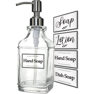 JASAI Antique Design Soap Dispenser with Rust Proof 304 Stainless Steel Pump, Refillable Glass Soap Dispenser with 10Pcs Clear Stickers, Premium Kitchen & Bathroom Soap Dispenser