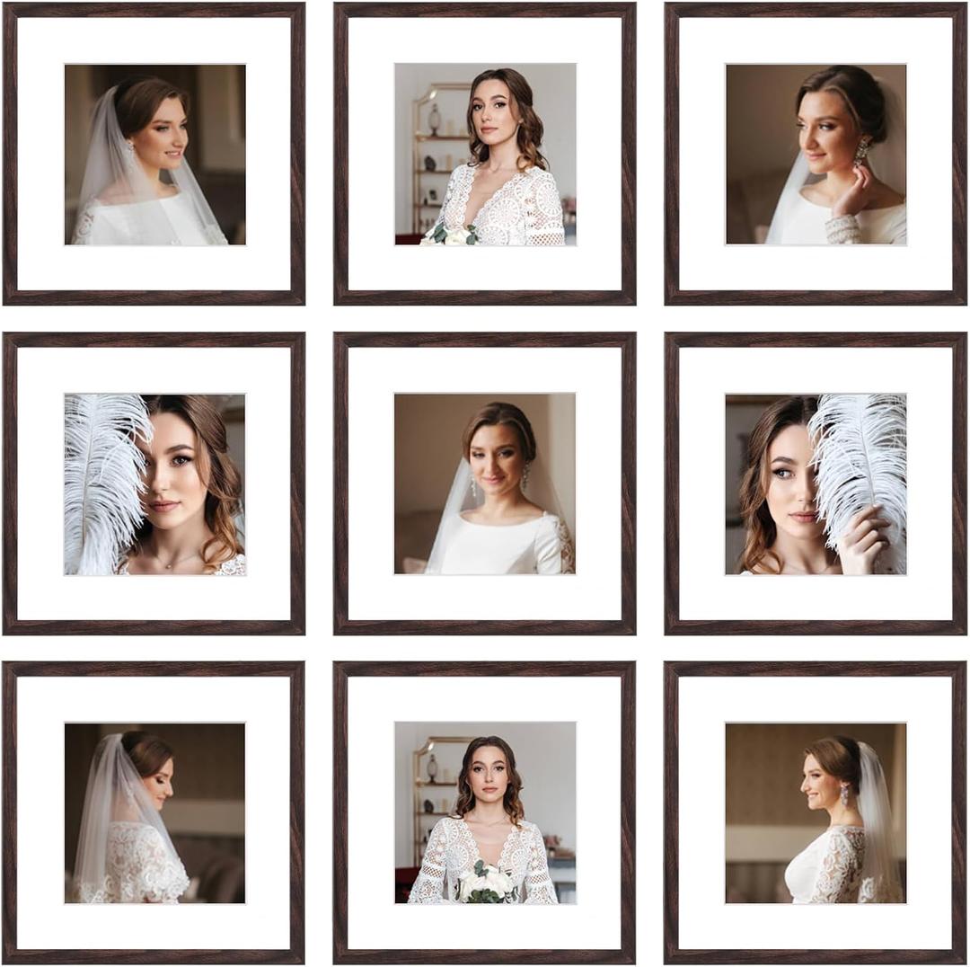 12x12 Picture Frame Set of 9, Display Pictures 8x8 with Mat or 12x12 without Mat, Multi Collage Gallery Square Photo Frames for Wall or Tabletop, Brown