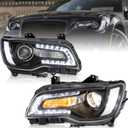 LED DRL Headlights Compatible for 2011-2023 Chrysler 300 300C Projector w/Led DRL Black Housing Chrome Reflector Front Headlamp Pair