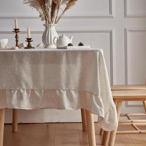 Linen Tablecloth Ruffle Patchwork Rectangle Farmhouse Vintage Tablecloth Washable Kitchen Banquet Tablecloth for 4-5 Feet Long Tablecloth 60''x71'' Natural