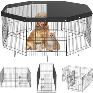 VEVOR Foldable Metal Dog Exercise Pen, Pet Puppy Playpen Yard Fence with Top Cover & Door, Indoor Outdoor 8 Panels 24" W x 24" H Dogs Crate Kennel with Ground Stakes for Small & Medium Dogs