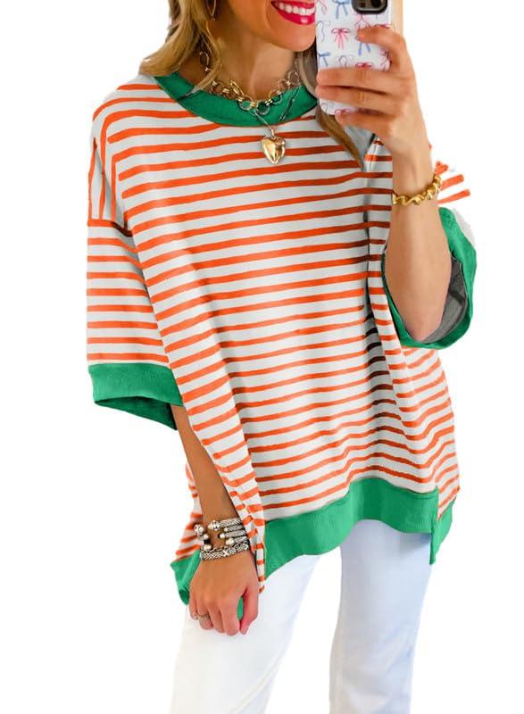 SHEWIN Shirts for Women 2026 Loose Short Sleeve Sweatshirt Cute Womens Summer Tops Dressy Casual Crewneck Color Block Tee Shirt Trendy Spring Outfits White and Orange Stripe XL