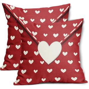 Valentines Day Pillow Covers 20x20 Inch Set of 2 White Heart Red Envelope Cotton Linen Decorative Throw Pillow Case Holiday Print Cushion Covers for Bedroom Sofa Living Room Chair Home Decor
