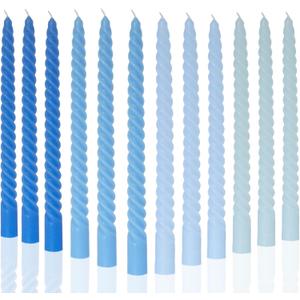 MAITREYA Blue Taper Candles Stick Spiral Twisted Candles-Set of 12 for Decoration Weddings Party Church-Unscented Dripless Candles,10inch(F-Gradient Blue)