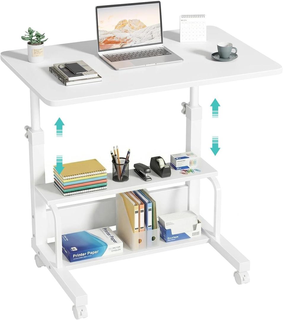 Small Portable Laptop Rolling Desk - 32" Mobile Kids Desk with Wheels for Small Spaces, White，31.5"